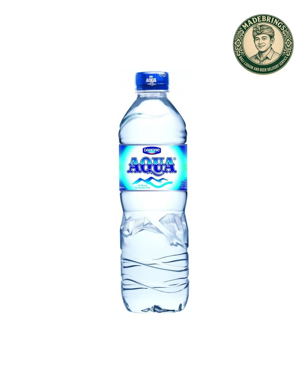 Box of Aqua 600ml bottles with the MadeBrings emblem