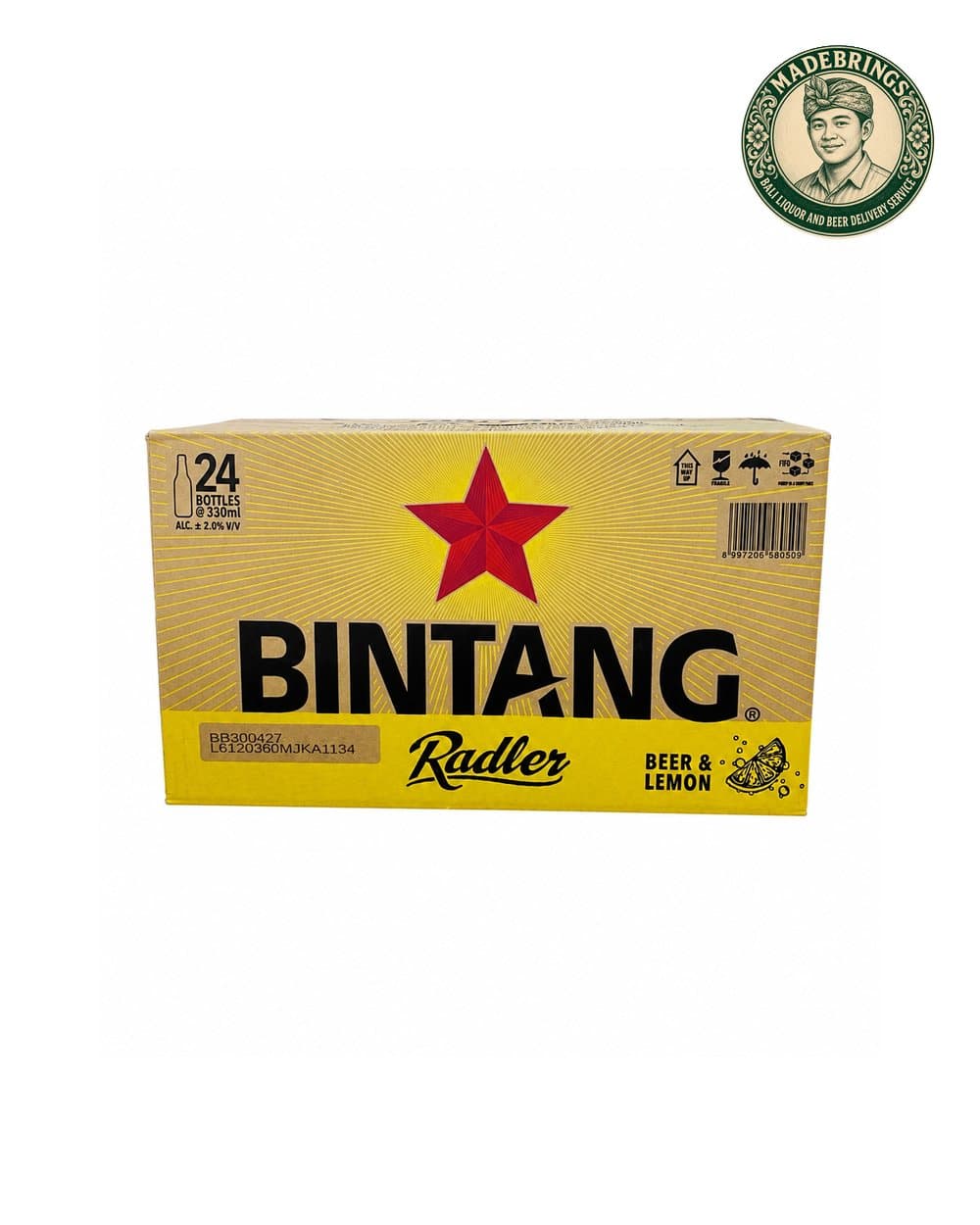 Box of Bintang Radler Lemon bottles with the MadeBrings emblem