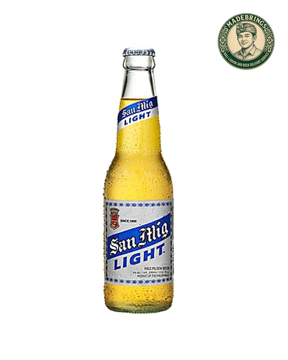 San Miguel Light 330ml bottle with the MadeBrings emblem