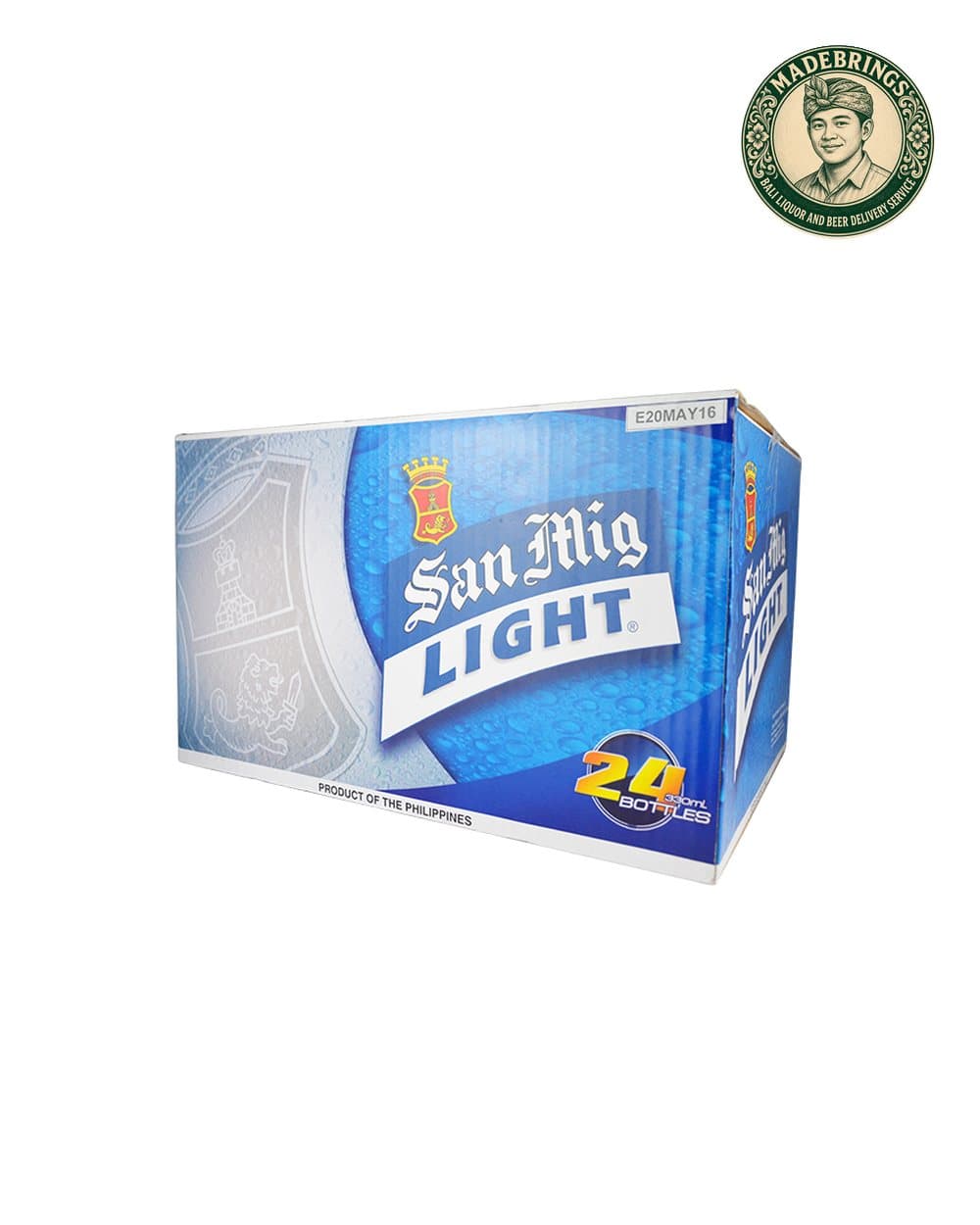 Box of San Miguel Light 330ml bottles with the MadeBrings emblem