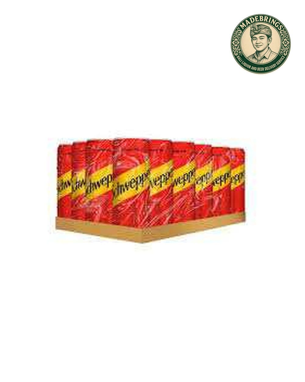 Box of Schweppes Ginger Ale cans with the MadeBrings emblem