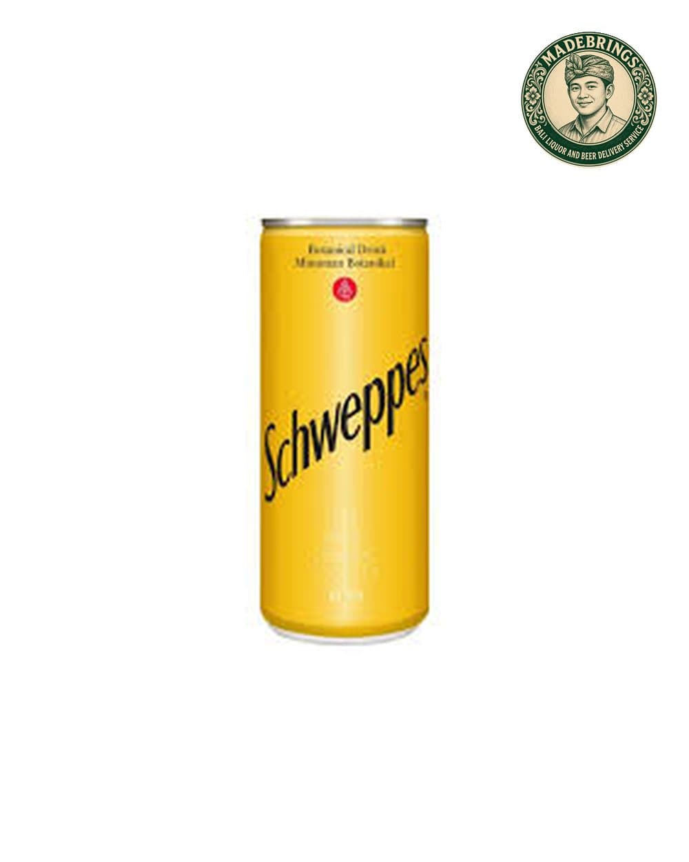 Schweppes Tonic Water 250ml can with the MadeBrings emblem