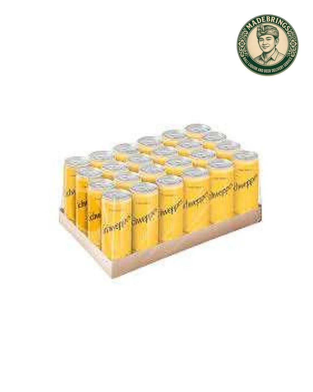Box of Schweppes Tonic Water cans with the MadeBrings emblem