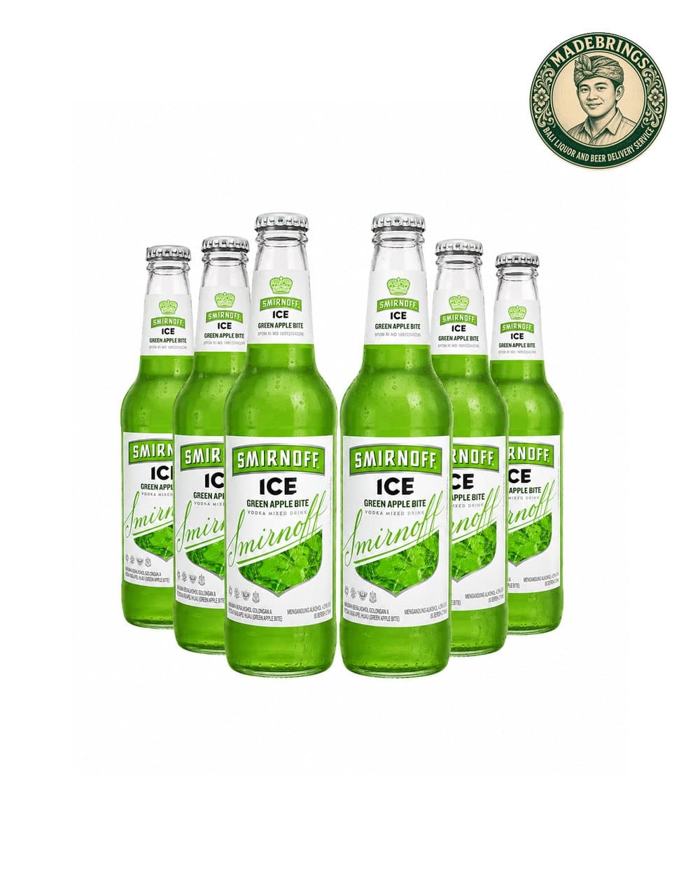 Smirnoff Ice Green Apple 275ml six-pack with the MadeBrings emblem