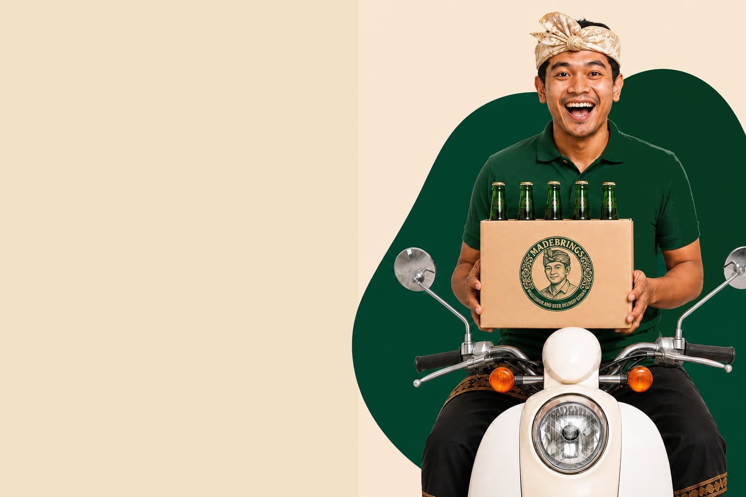 MadeBrings alcohol delivery in Bali: a courier in an udeng on a scooter, holding a box with the MadeBrings emblem